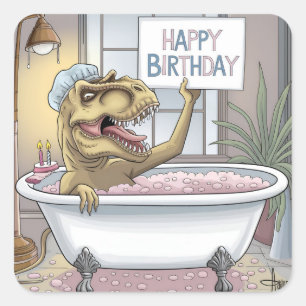 Trex mit Bubenbad halten Happy Birthday Quadratischer Aufkleber