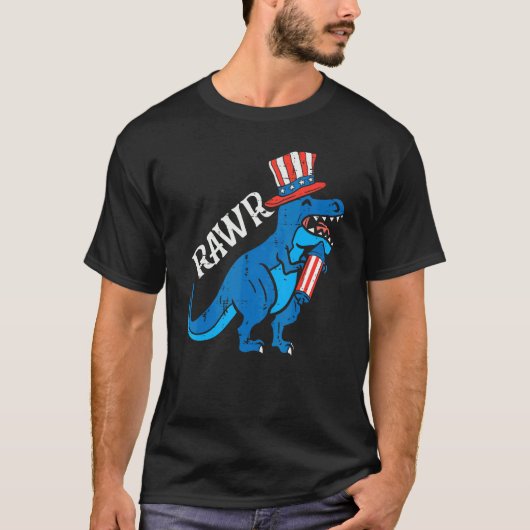 Trex Rawr US Flag Hat Firecracker Dino 4. Juli T-Shirt (Vorderseite)