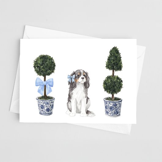 Tri-Cavalier Puppy Topiary Watercolor Karte