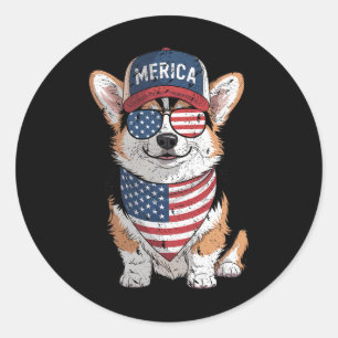 Tri Color Corgi 4. Juli US-amerikanischer Flaggen Runder Aufkleber