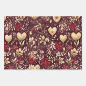 Tri-Color Floral & Gold Valentines Herz Geschenkpapier Set (Vorderseite 3)
