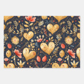 Tri-Color Floral & Gold Valentines Herz Geschenkpapier Set (Vorderseite 2)