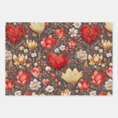 Tri-Color Floral & Gold Valentines Herz Geschenkpapier Set (Vorderseite)