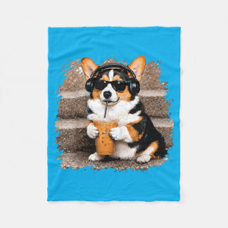 Tri Colored Corgi Drinking Iced Coffee Funny Corgi Fleecedecke