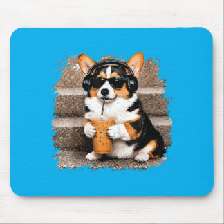 Tri Colored Corgi Drinking Iced Coffee Funny Corgi Mousepad