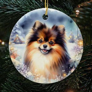 Tri Colored Spitz Dog Watercolor Weihnachten Keramik Ornament