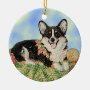 Tri Corgi im Herbstlaub - Corgi-Verzierung Keramik Ornament