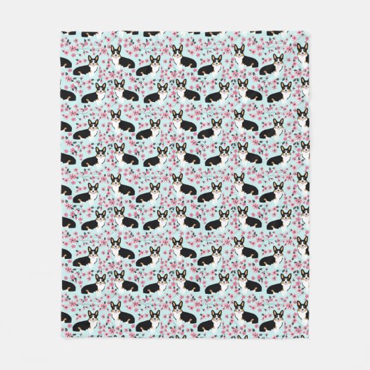 Tri Corgi-Kirschblüte - Blau Fleecedecke (Vorderseite)