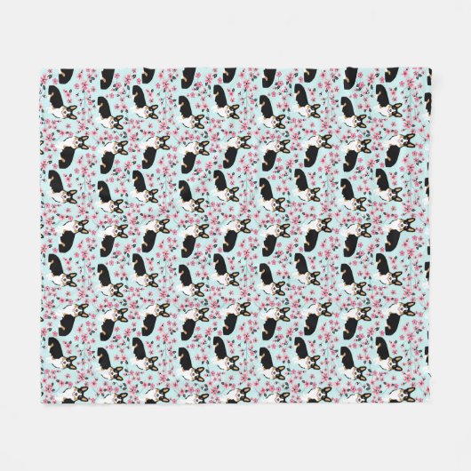 Tri Corgi-Kirschblüte - Blau Fleecedecke (Vorderseite (Horizontal))