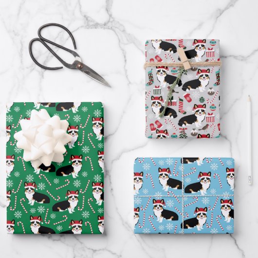 Tri Corgi Weihnachtsfeiertag Geschenkpapier Set (Vorderseite)