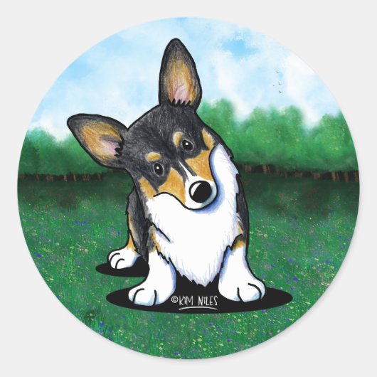 Tri Curious Corgi Classic Round Sticker (Vorderseite)
