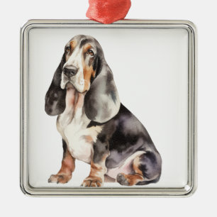 TRI FARBE WATERCOLOR BASSET HUND ORNAMENT AUS METALL