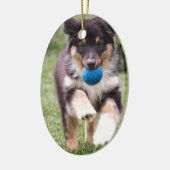 Tri farbiger australischer Schäfer-Welpe Keramik Ornament (Links)