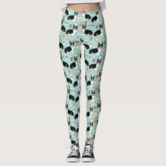Tri farbiges Corgi-Kaffeemuster - Blau Leggings (Vorderseite)