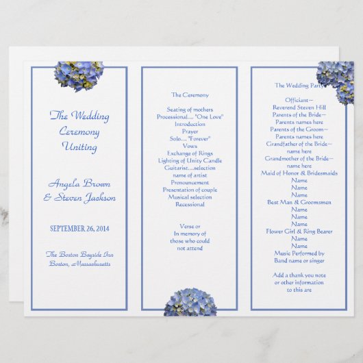 Tri-Fold Blue Wedding Zeremony Program (Vorne/Hinten)