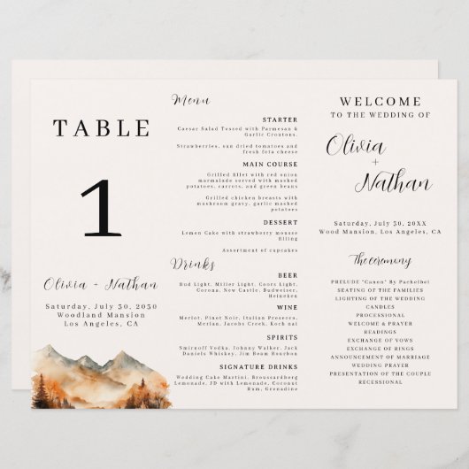 Tri-Fold-Hochzeitmenü-Tischnummer des Fall Mountai (Vorne/Hinten)