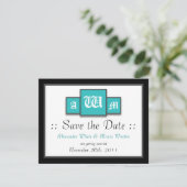 Tri-Monogram Aquamarin Modern Wedding Save the Dat Einladung (Stehend Vorderseite)