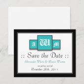 Tri-Monogram Aquamarin Modern Wedding Save the Dat Einladung (Vorne/Hinten)
