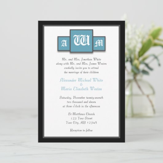 Tri-Monogram Blue Modern Wedding Einladungen (Stehend Vorderseite)