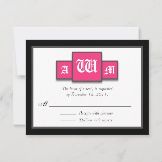 Tri-Monogram Fuchsia Moderne Antwort / RSVP Karten (Vorderseite)