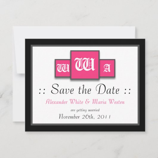 Tri-Monogram Fuchsia Moderne Hochzeit retten Termi Einladung (Vorderseite)