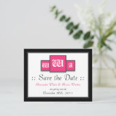 Tri-Monogram Fuchsia Moderne Hochzeit retten Termi Einladung (Stehend Vorderseite)