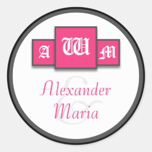 Tri-Monogram Fuchsia Moderne Hochzeitskleber/Siege Runder Aufkleber