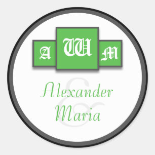 Tri-Monogram Green Modern Wedding Stickers/Siegel Runder Aufkleber