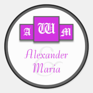 Tri-Monogram Lila Moderne Hochzeitskleber/Siegel Runder Aufkleber