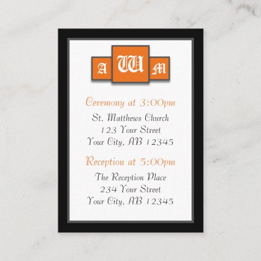 Tri-Monogram Orange Modern Guest Reference Cards Begleitkarte (Vorderseite)