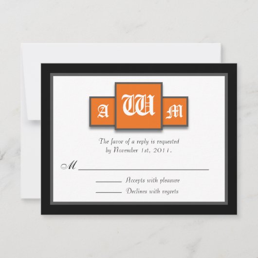 Tri-Monogram Orange Modern Reply/RSVP Cards RSVP Karte (Vorderseite)
