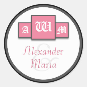 Tri-Monogram Pink Moderne Hochzeitskleber/Siegel Runder Aufkleber