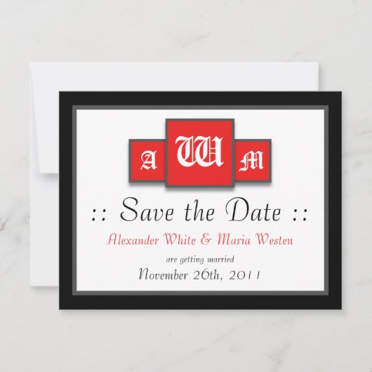 Tri-Monogramm Rot Moderne Hochzeit Speichern Sie d Einladung (Vorderseite)