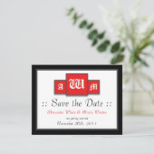 Tri-Monogramm Rot Moderne Hochzeit Speichern Sie d Einladung (Stehend Vorderseite)