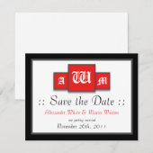 Tri-Monogramm Rot Moderne Hochzeit Speichern Sie d Einladung (Vorne/Hinten)