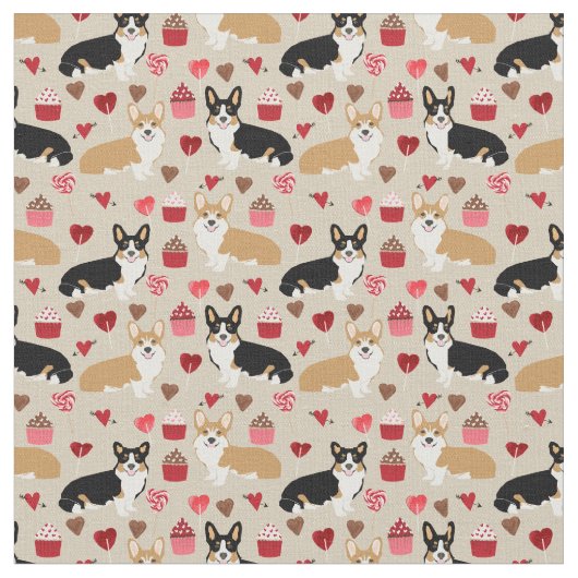 Tri und Red Corgi Valentines Fabric Stoff (Nahaufnahme)