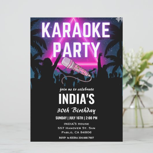 Triangle Neon Karaoke Party Black Birthday Einladung (Stehend Vorderseite)