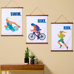 Triathlon Art - Swim Bike Motivierend Dekoration Wandteppich Mit Holzrahmen