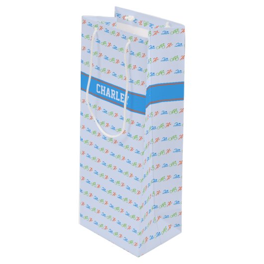 Triathlon-Muster-individuelle Name Geschenktüte Für Weinflaschen (Vorderseite Schrägansicht)
