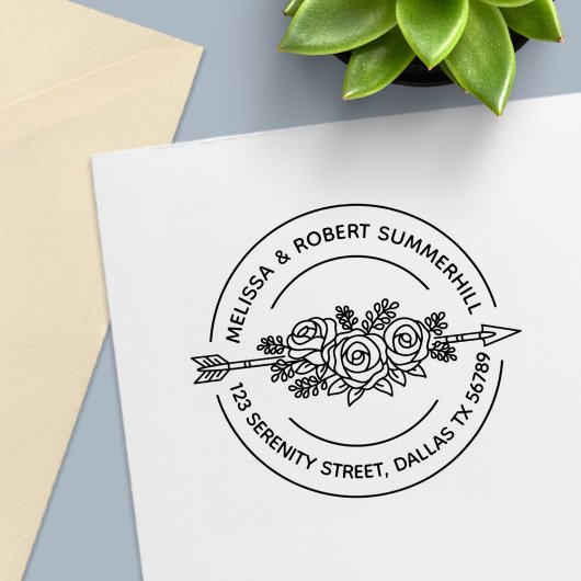 Tribal Arrow Rose Blume Couple Round Address Permastempel