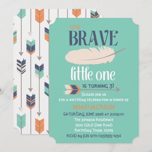 Tribal Arrow und Feather Birthday Party Blue Green Einladung (Vorne/Hinten)