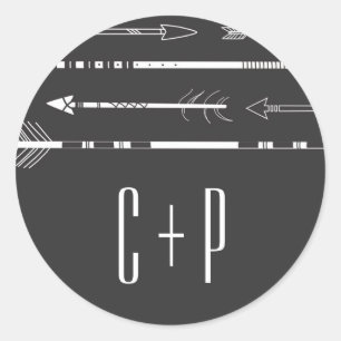 Tribal Arrows Hochzeitsmonogramm-Aufkleber Grau Runder Aufkleber