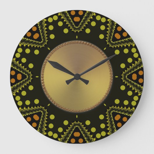 Tribal Art Dots Green Gold Wall Clock Große Wanduhr (Vorderseite)