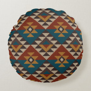 Tribal Aztec Wolle stickte Textur. Rundes Kissen