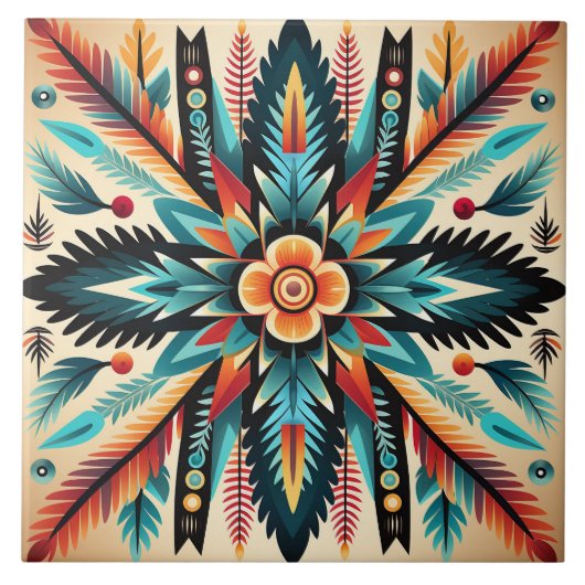 Tribal Azteken-Muster geometrisch abstrakt orange Fliese (Vorderseite)