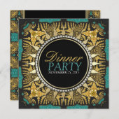 Tribal Batik Aquamarin Gold Black Dinner Party Einladung (Vorne/Hinten)