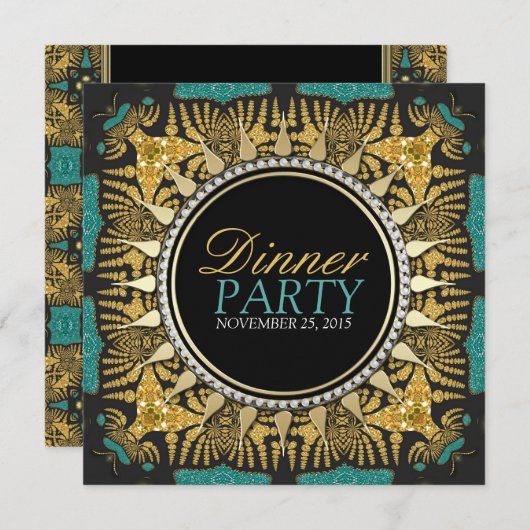 Tribal Batik Aquamarin Gold Black Dinner Party Einladung (Vorne/Hinten)