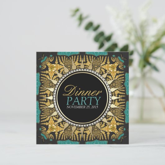 Tribal Batik Aquamarin Gold Black Dinner Party Einladung (Stehend Vorderseite)
