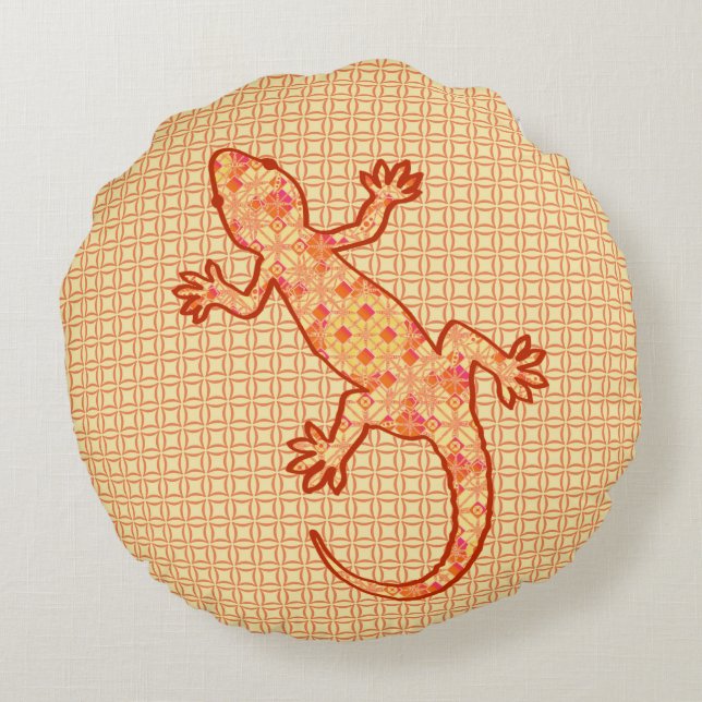 Tribal Batik Gecko - Korallen und hellorange Rundes Kissen (Rückseite)