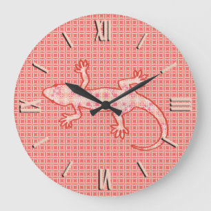 Tribal Batik Gecko - Korallenrosa und -creme Große Wanduhr